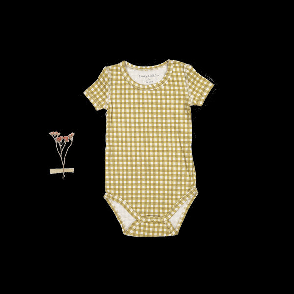 the-printed-short-sleeve-onesie-golden-gingham Lovely Littles - Sophia's StyleShort Sleeve Onesie-1